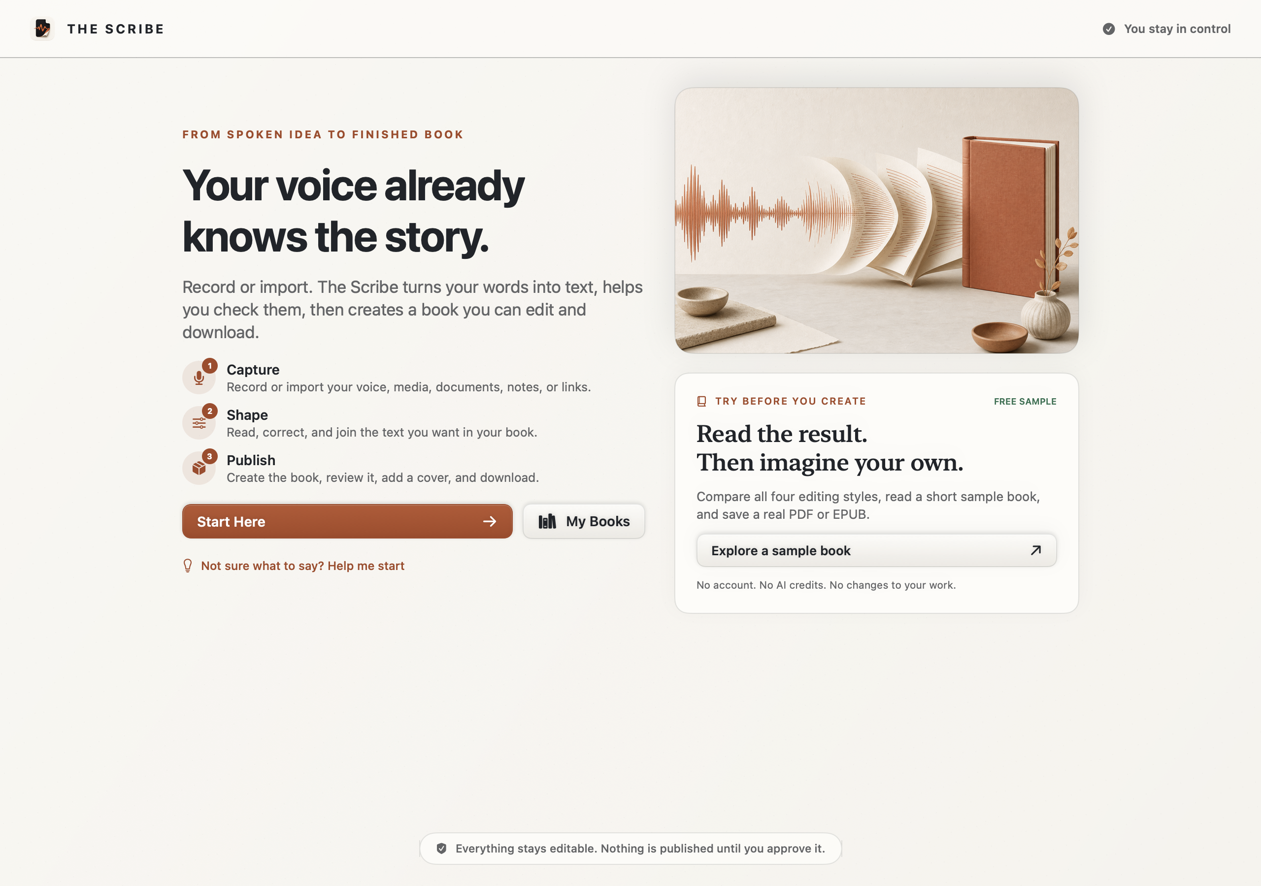 The Scribe homepage explaining Capture, Shape, Publish, and the voice-to-book journey