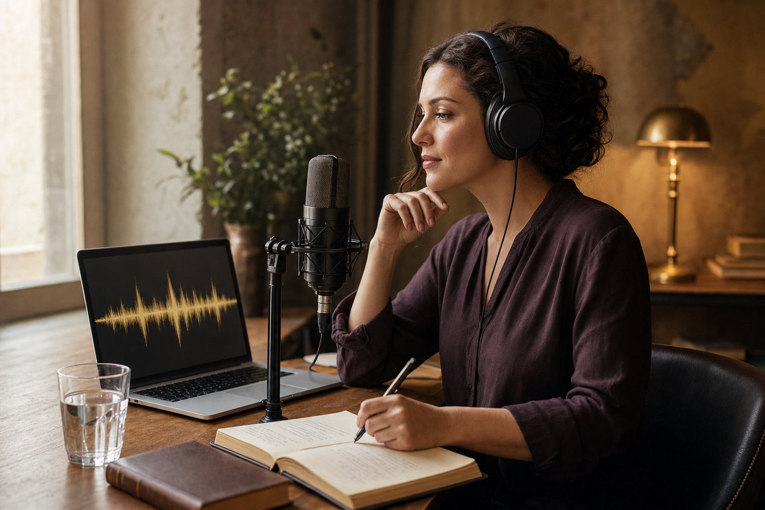 The Scribe recording workflow with microphone, headphones, and waveform