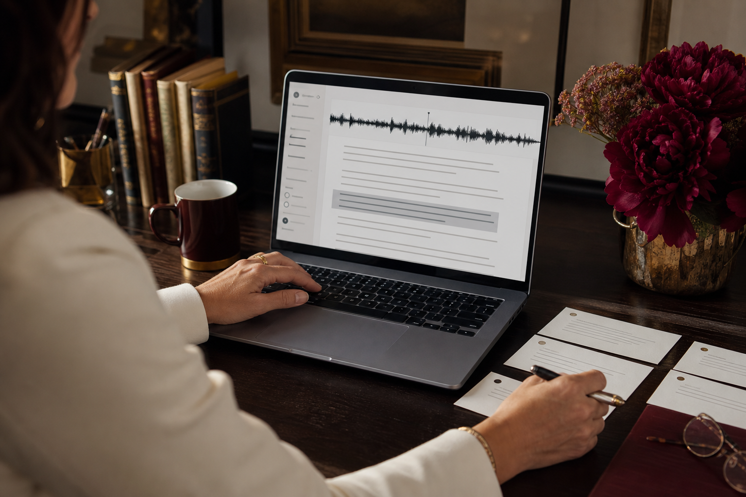 An author reviewing a transcript and organizing it into chapters