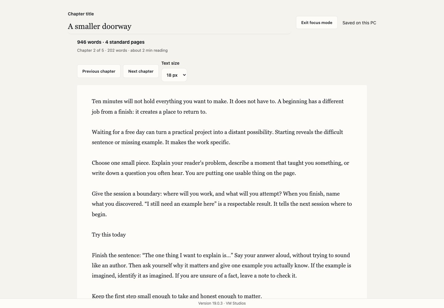 Distraction-free manuscript view with only writing controls