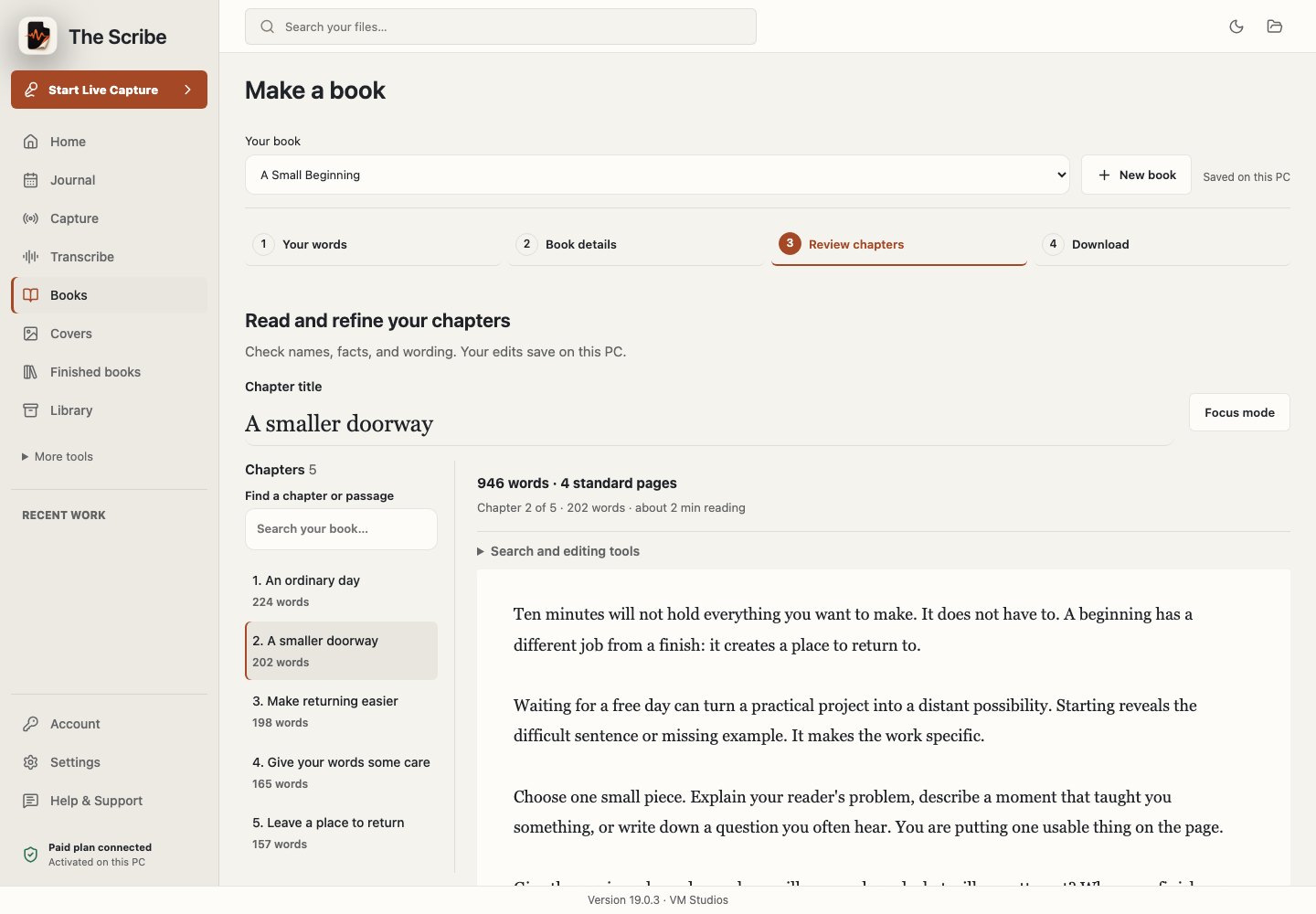 The Scribe manuscript editor with chapter navigation and a large reading area